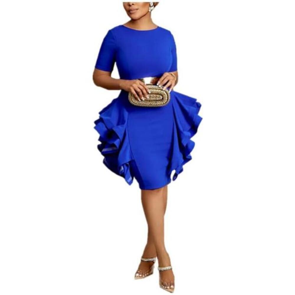 Royal Blue Dress Ruffle Detail Above Knee Size S/M